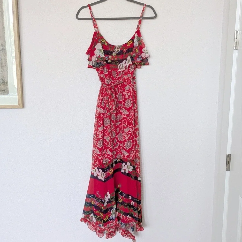 One September Anthropologie Red Floral Ruffle Maxi Dress Petite Small SP - Picture 4 of 9